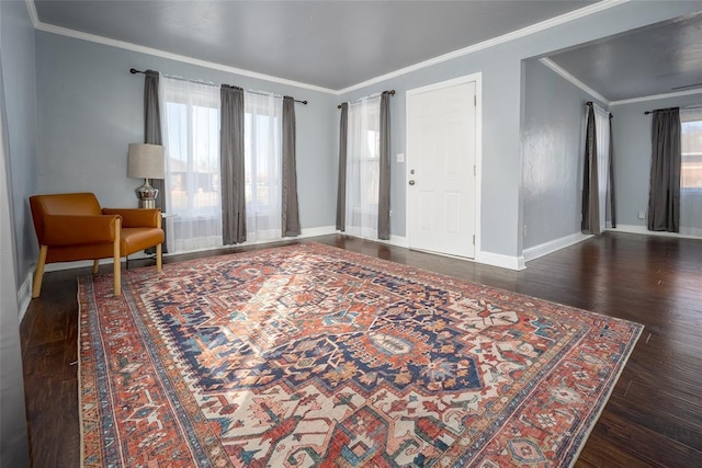 living area featuring ornamental molding and dark hardwood / wood-style floors