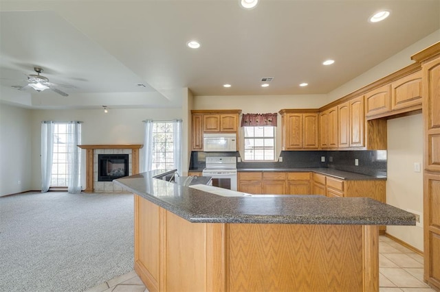 kitchen featuring light carpet, white appliances, plenty of natural light, and a fireplace