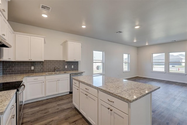 kitchen with white cabinetry, a center island, sink, dark wood-type flooring, and stainless steel appliances