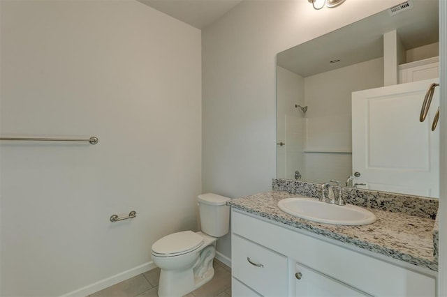 bathroom featuring tile patterned floors, vanity, toilet, and a shower