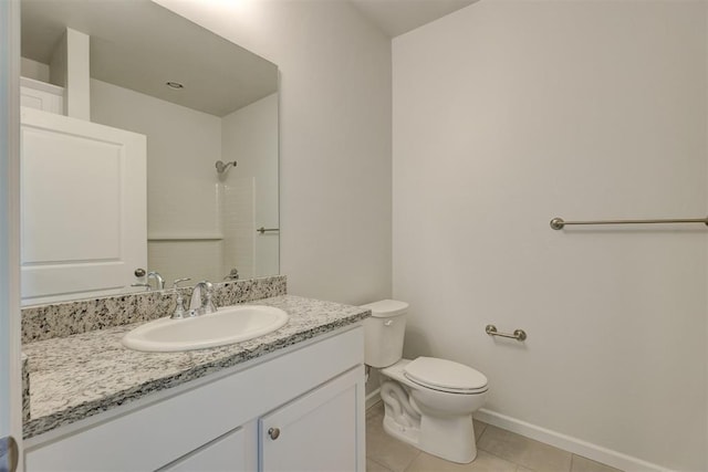 bathroom with tile patterned floors, walk in shower, vanity, and toilet