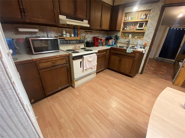 kitchen with dark brown cabinetry, sink, white range with electric stovetop, backsplash, and light hardwood / wood-style floors