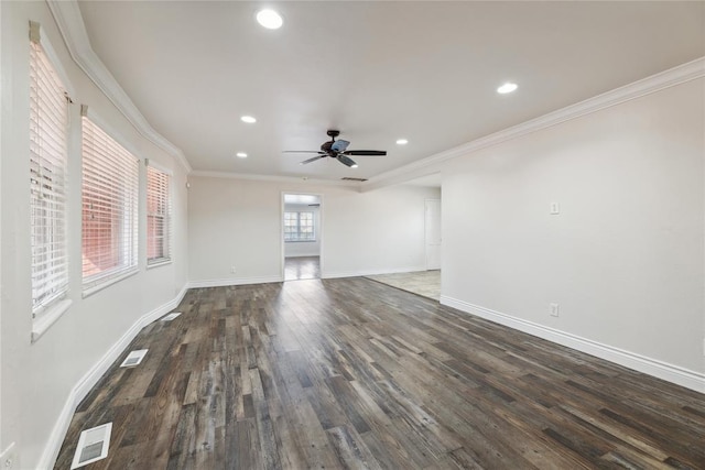 interior space featuring crown molding, ceiling fan, and dark wood-type flooring