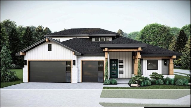 view of front of property with driveway, board and batten siding, roof with shingles, and an attached garage