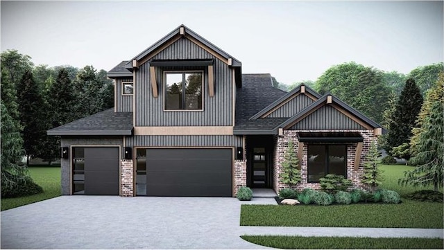 modern farmhouse style home featuring a front yard, an attached garage, board and batten siding, and driveway