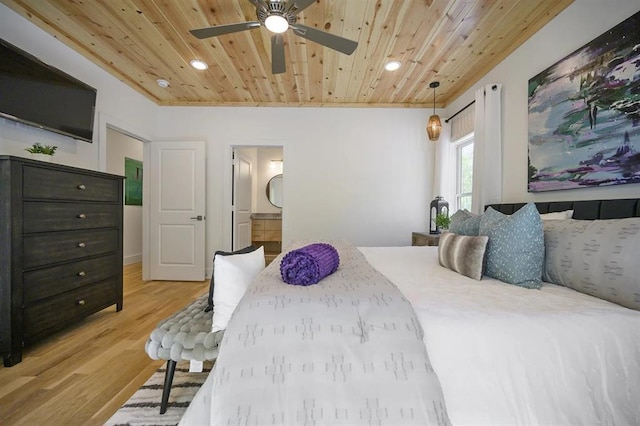 bedroom with ceiling fan, ensuite bath, light wood-type flooring, and wooden ceiling