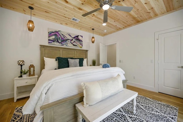 bedroom with wood ceiling, ceiling fan, and light hardwood / wood-style floors