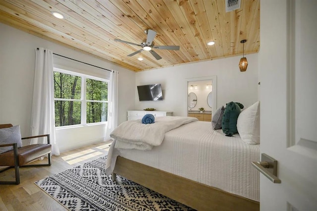 bedroom with light wood-type flooring, ceiling fan, wooden ceiling, and connected bathroom