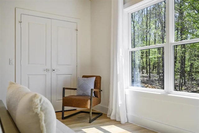 living area with light hardwood / wood-style flooring