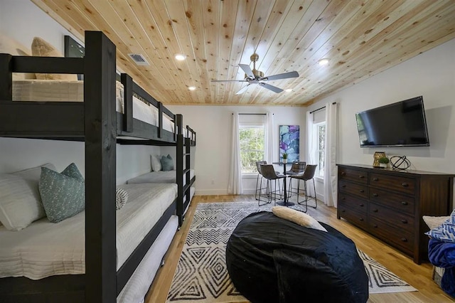 bedroom featuring light hardwood / wood-style flooring, ceiling fan, and wood ceiling