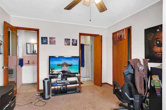 exercise room with ceiling fan, crown molding, and light carpet