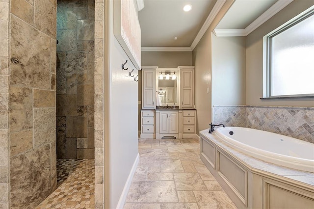 bathroom featuring separate shower and tub, vanity, and ornamental molding