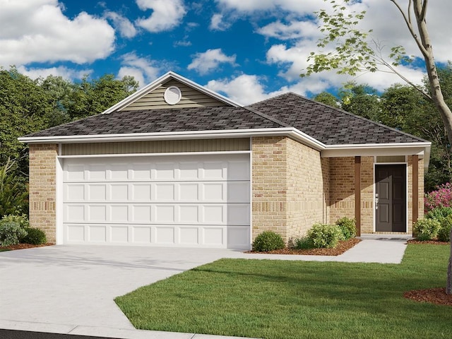 view of front of home with a front yard and a garage