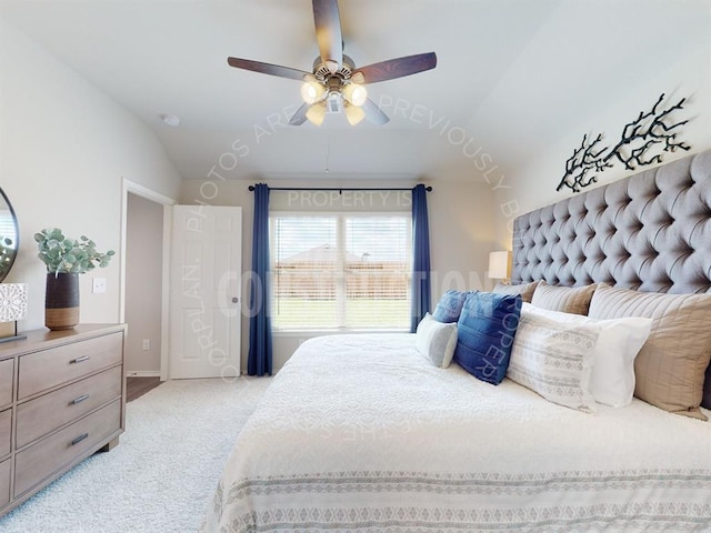 bedroom with light carpet, ceiling fan, and lofted ceiling