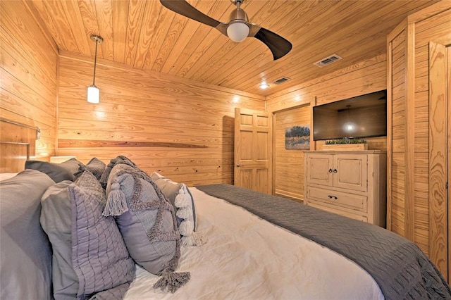 bedroom with ceiling fan, wood walls, and wood ceiling