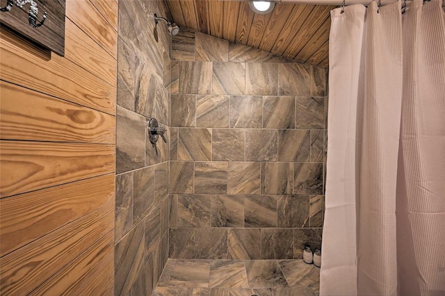 bathroom with wood ceiling