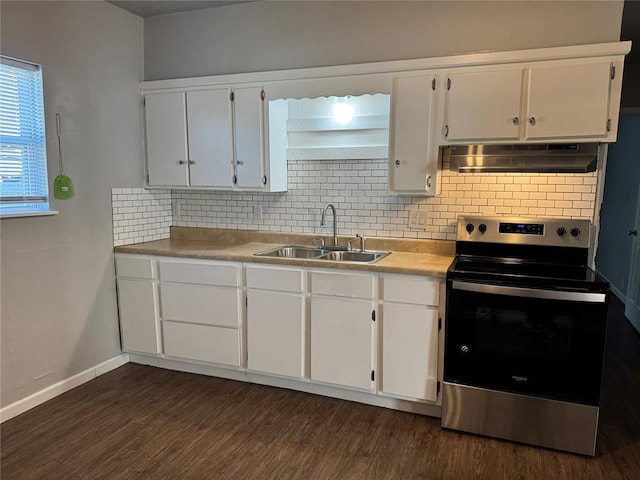 kitchen with sink, ventilation hood, white cabinetry, and stainless steel electric range