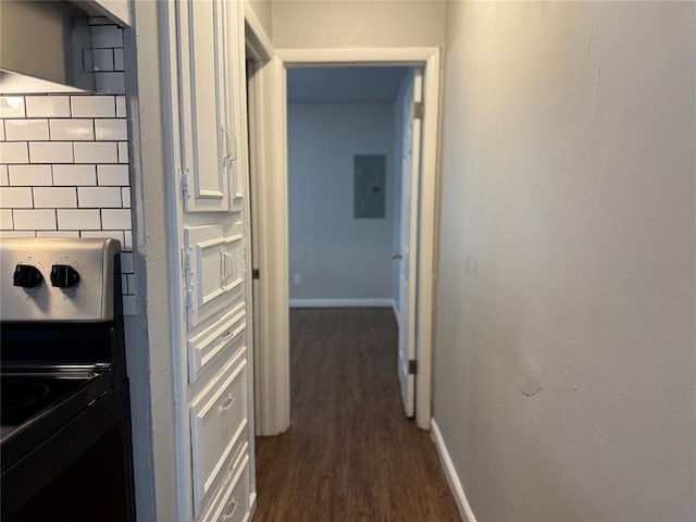 hall with electric panel and dark wood-type flooring