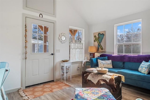 interior space featuring light hardwood / wood-style floors, a wealth of natural light, and lofted ceiling