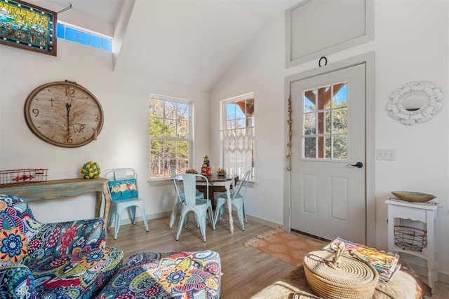 foyer featuring a wealth of natural light, high vaulted ceiling, and light hardwood / wood-style floors