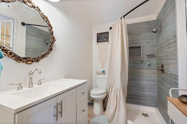 bathroom with vanity, curtained shower, toilet, and lofted ceiling