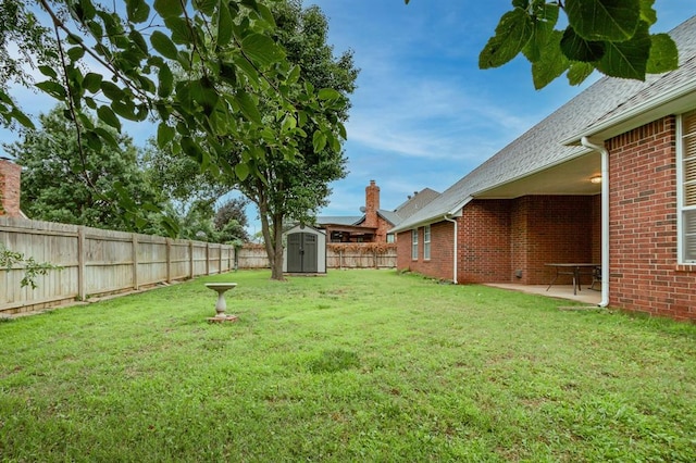 view of yard featuring a shed and a patio