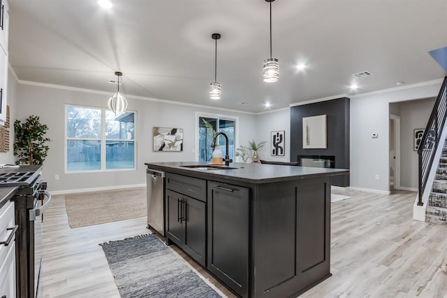 kitchen featuring sink, hanging light fixtures, light hardwood / wood-style flooring, an island with sink, and stainless steel appliances