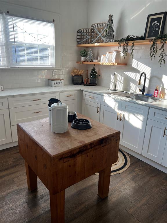 kitchen with dark hardwood / wood-style floors, white cabinetry, and sink