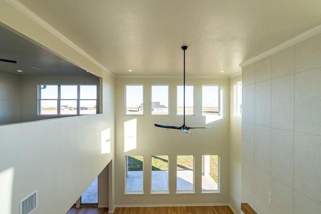 interior space featuring hardwood / wood-style floors, ceiling fan, and ornamental molding