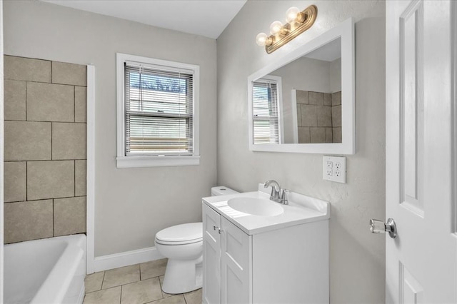 full bathroom featuring vanity, toilet, tub / shower combination, and tile patterned flooring