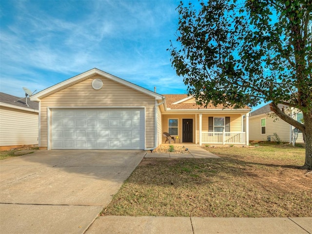 single story home featuring a front lawn, covered porch, and a garage