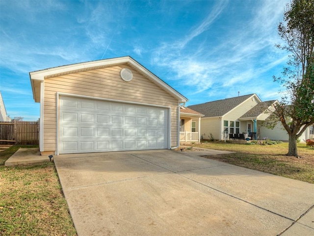 single story home featuring a front yard and a garage