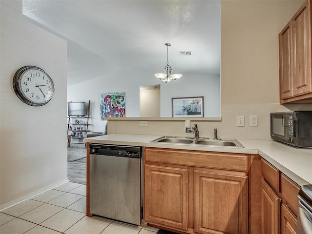 kitchen featuring vaulted ceiling, stainless steel dishwasher, hanging light fixtures, and a notable chandelier