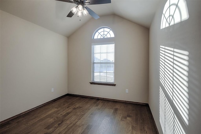 unfurnished room featuring dark hardwood / wood-style floors, ceiling fan, and lofted ceiling