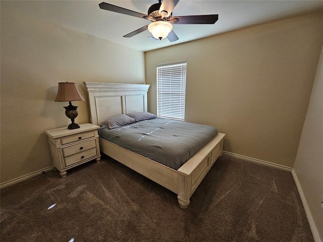 bedroom with ceiling fan and dark colored carpet