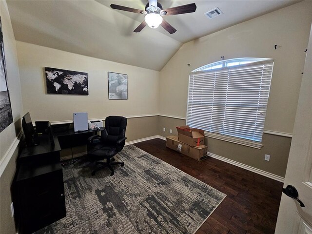 office space featuring dark wood-type flooring, vaulted ceiling, and ceiling fan