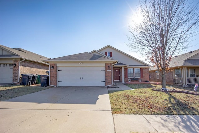 single story home featuring a front yard and a garage