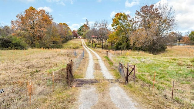 view of street featuring a rural view, driveway, and a gated entry