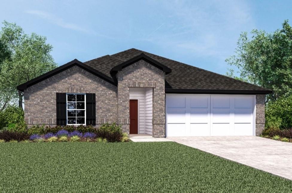 view of front of home featuring a garage, roof with shingles, concrete driveway, and brick siding