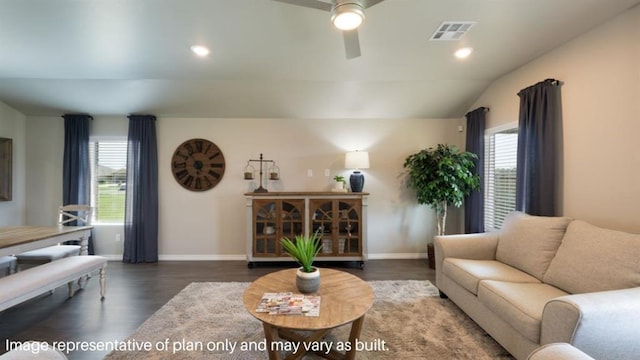 living room with visible vents, vaulted ceiling, dark wood-style flooring, and recessed lighting