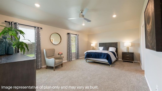 bedroom with baseboards, recessed lighting, a ceiling fan, and light colored carpet