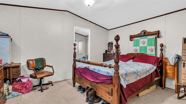 bedroom featuring light carpet, lofted ceiling, and ornamental molding