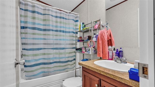 full bathroom with vanity, shower / tub combo, a textured ceiling, and toilet