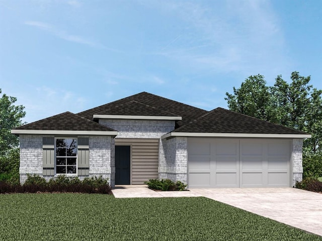 view of front facade featuring driveway, a shingled roof, an attached garage, a front yard, and brick siding