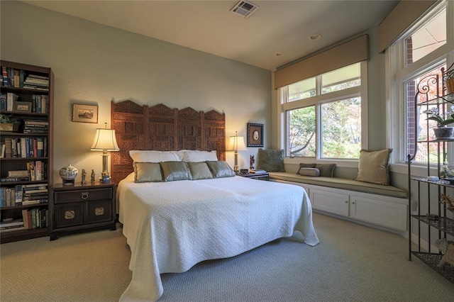 bedroom with multiple windows and light carpet