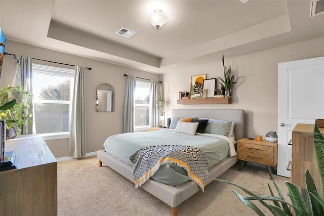 bedroom featuring a tray ceiling, multiple windows, and light carpet