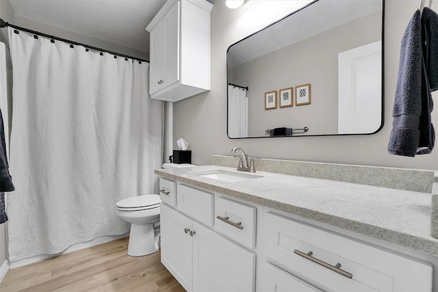 bathroom featuring vanity, wood-type flooring, and toilet