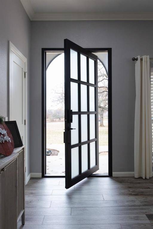 foyer entrance featuring hardwood / wood-style flooring and crown molding