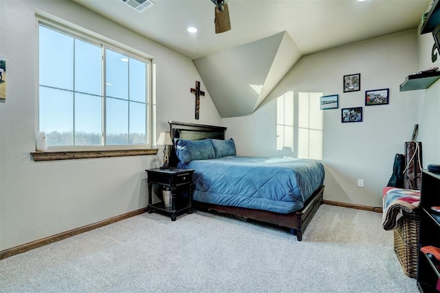 bedroom featuring carpet floors, ceiling fan, and lofted ceiling