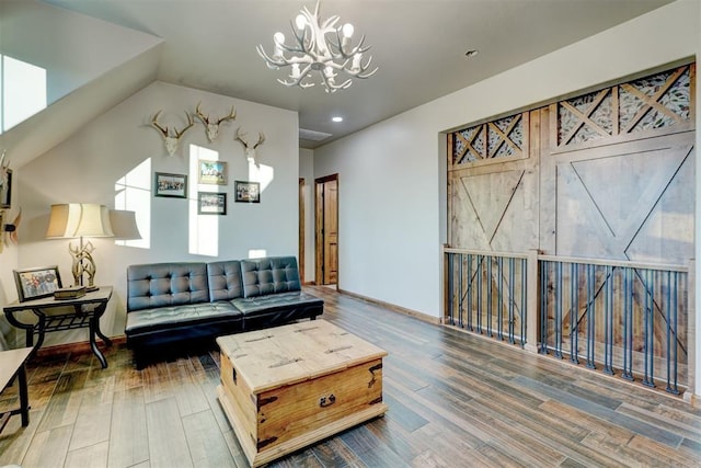 interior space featuring dark hardwood / wood-style floors and an inviting chandelier